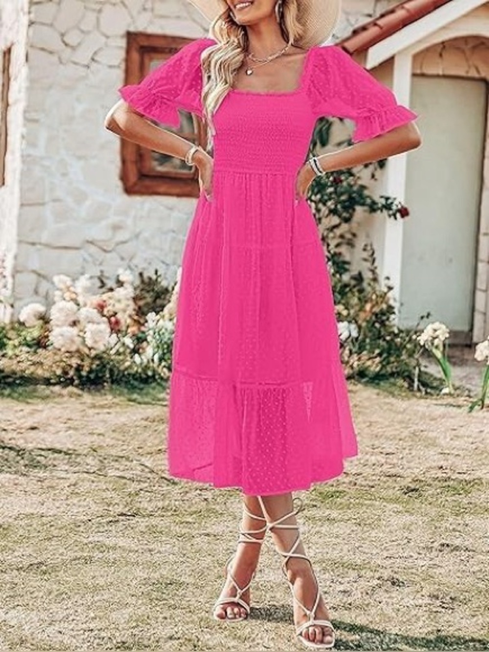 NWT Merokeety | Women’s Hot Pink/Fuchsia Swiss Dot Tiered Midi Dress Size M